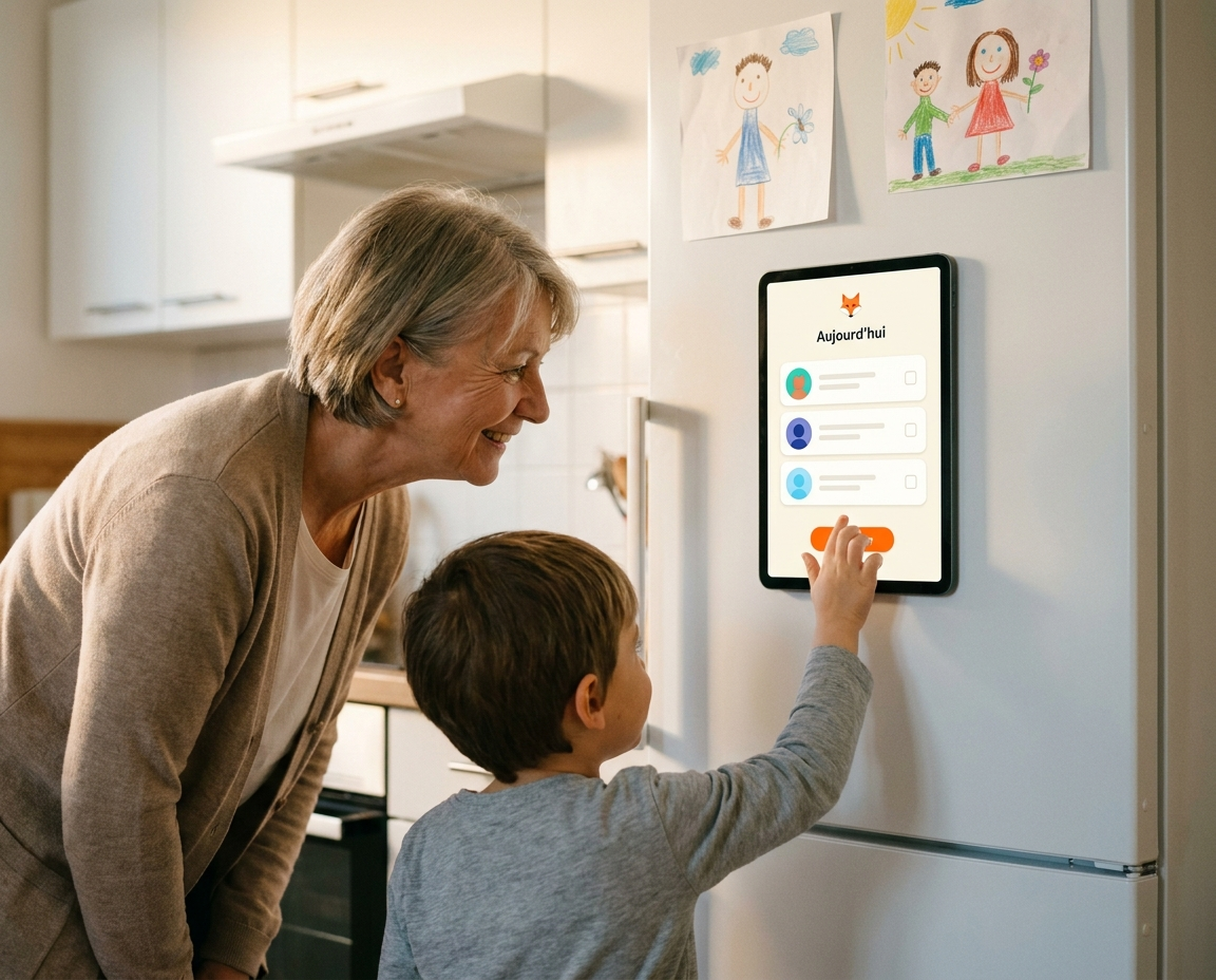 Grand-mère et petit-enfant devant la tablette partagée