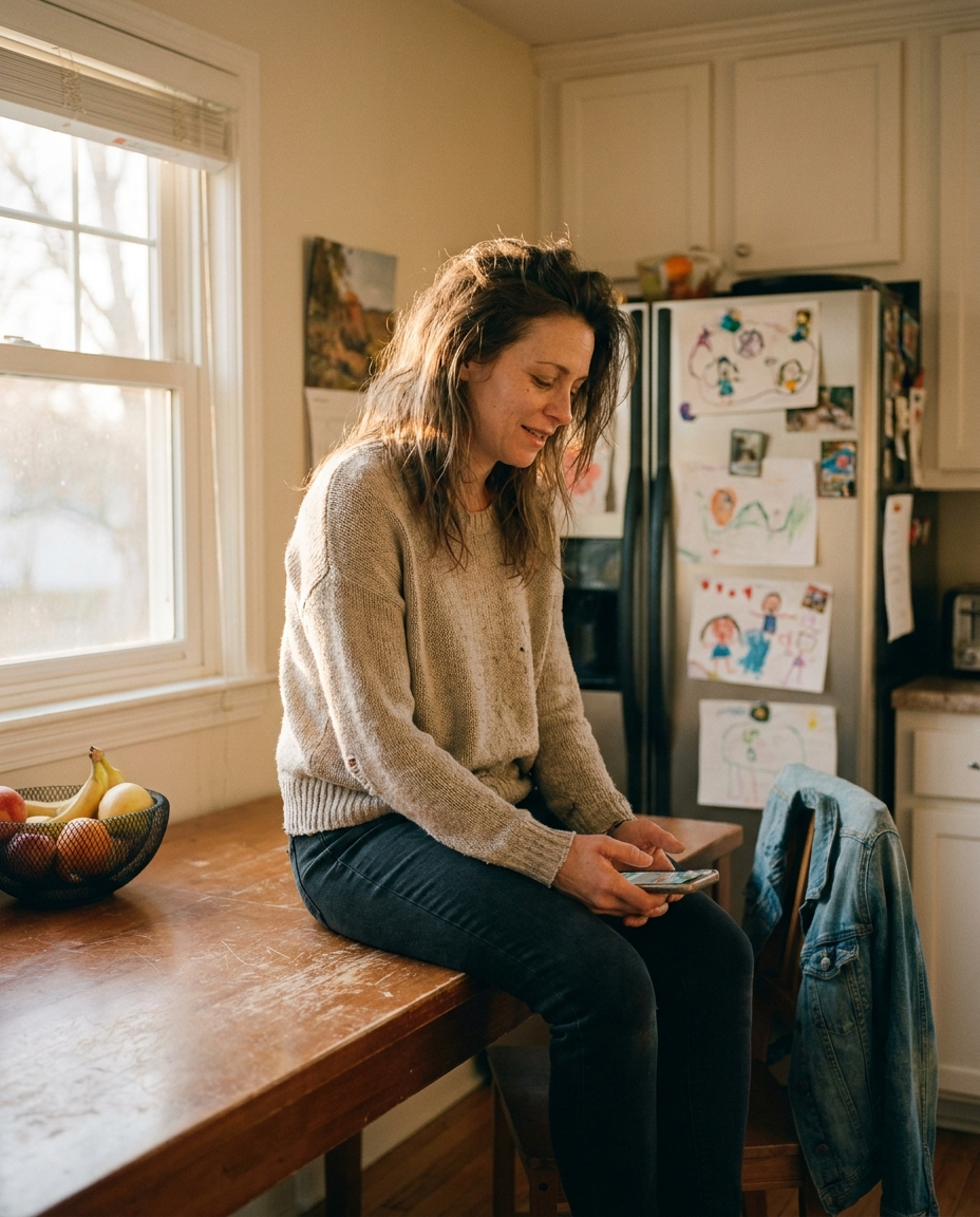 Un parent, téléphone en main, qui souffle
